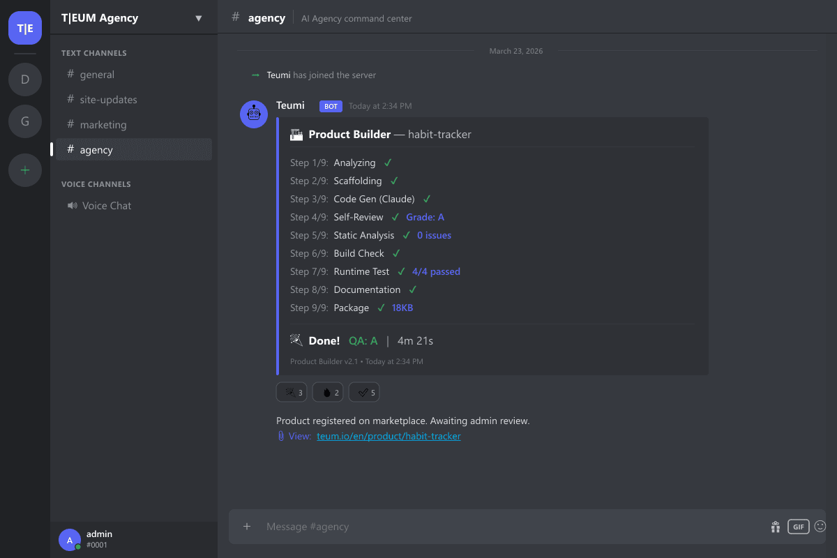 Teumi — Discord AI Agency Bot (Product Builder + Marketing + Monitoring) 1